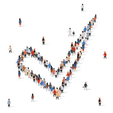 İnsanların beyaz bir arka plan üzerinde bir onay işareti şeklinde büyük grup. Kavram Evet.