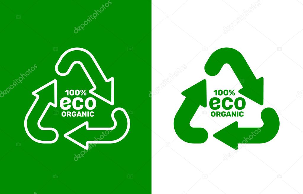 Recycling sign, triangular looped arrows, green icon white background. Vector