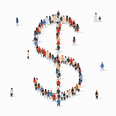 Dolar işareti şeklinde geniş bir grup insan. İş konsepti. Çevrimiçi bankacılık.