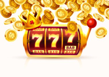 Slot 777 afişi, altın sikke ikramiyesi, kumarhane 3D kapağı, kumar makineleri ve kartlı rulet. Vektör