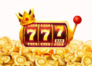 Slot 777 afişi, altın sikke ikramiyesi, kumarhane 3D kapağı, kumar makineleri ve kartlı rulet. Vektör