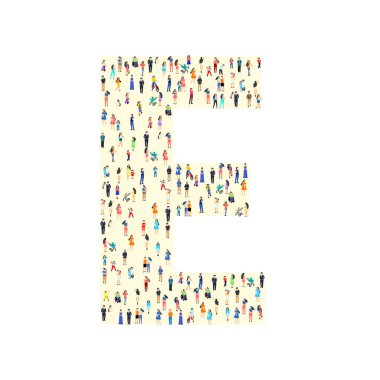 E harfi ile yazılmış büyük bir grup insan. İnsanlar yazı tura atar. Temiz vektör yazı tipi. Vektör