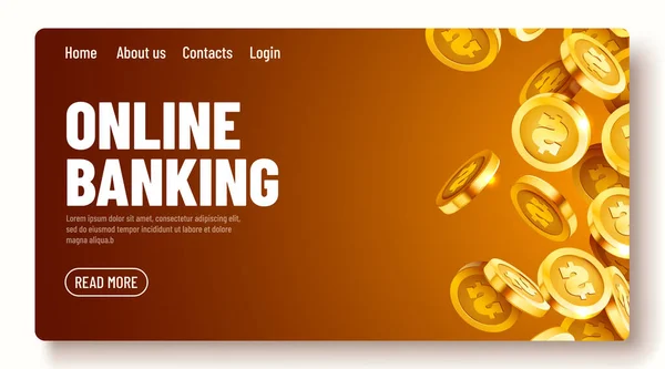Πτώση νομισμάτων, πτώση χρημάτων, πετώντας χρυσά νομίσματα, χρυσή βροχή. Τζακπότ ή επιτυχία. Σύγχρονο φόντο. Πρότυπο online banking landing page ή banner. — Διανυσματικό Αρχείο