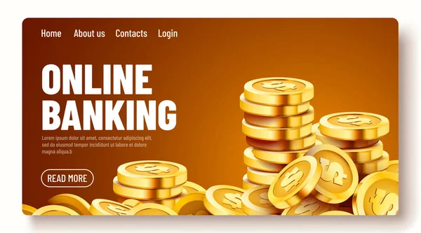 Golden shiny coins. Big bunch of dollars. Online banking landing page template or banner. — Stock Vector