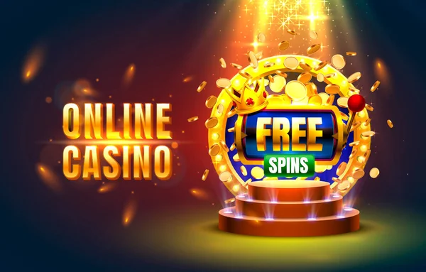 Casino online spielen jetzt Spielautomaten goldene Münzen, Casino Spielautomat Zeichen, Nacht jackpot Vegas. — Stockvektor