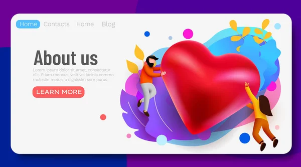 People flying around big red heart. Love or social media like concept. Landing page, banner or flyer template. — Stock Vector