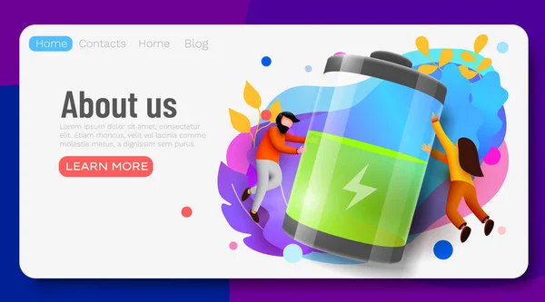 Landing page. People Carry Huge Battery with Low Charging Level. Energy concept. — Stock Vector