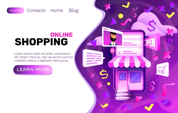 Banner de compras on-line, loja de marketing na internet, aplicativo para casa de smartphones. Vetor —  Vetores de Stock