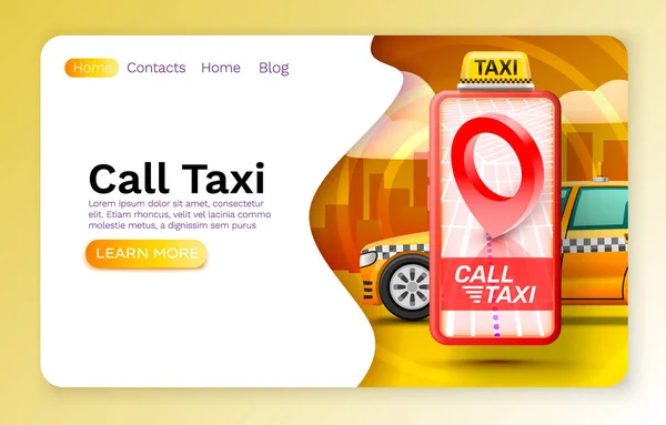 スマートフォンは、テキスト、オンラインアプリケーション、タクシーサービスのための場所、タクシーバナーの概念を呼び出します。ベクトル — ストックベクタ