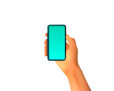 Elimde bir akıllı telefon var. Mobil ekran, beyaz arka plan. Vektör