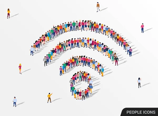 Gran grupo de personas en forma de señal wi-fi. Internet inalámbrico. — Vector de stock