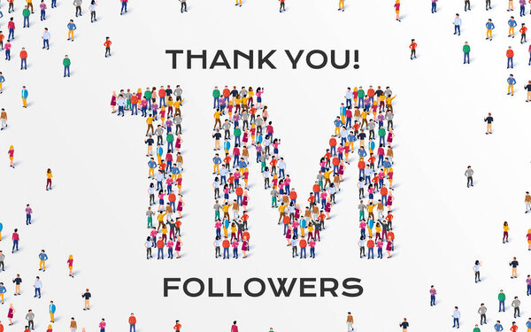 1M Followers. Group of business people are gathered together in the shape of one million sign, for web page, banner, presentation, social media, Crowd of little people. Teamwork. Vector illustration