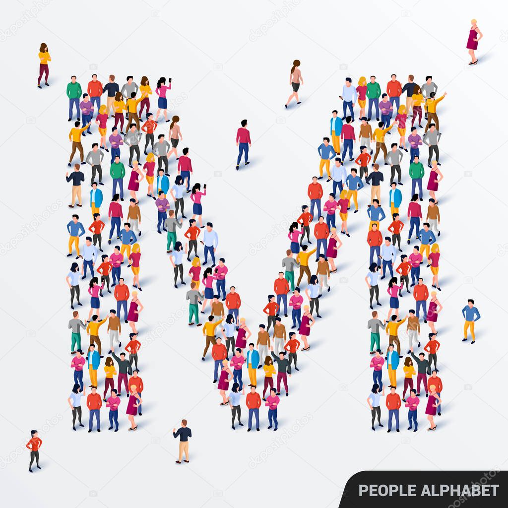Large group of people in letter M form. Human alphabet.