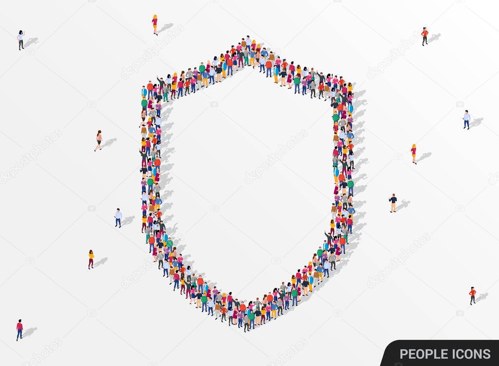 Large group of People in form of shield. Protection and safety concept. Web guarding. Vector illustration