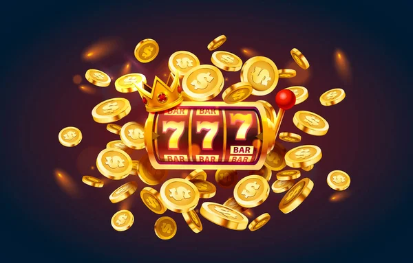 Slots 777 banner, gouden munten jackpot, Casino 3d cover, speelautomaten en roulette met kaarten. Vector — Stockvector