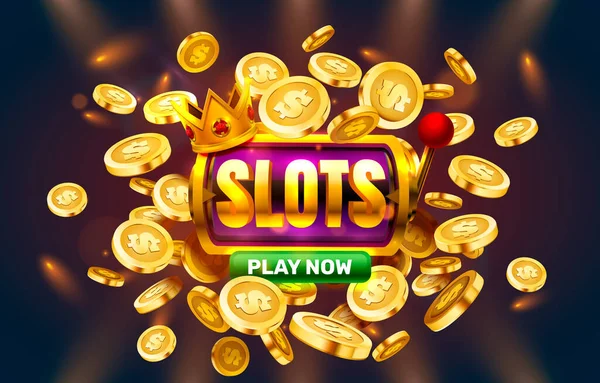 Play now slots golden coins, casino slot sign machine, night jackpot Vegas. Vector — Stock Vector