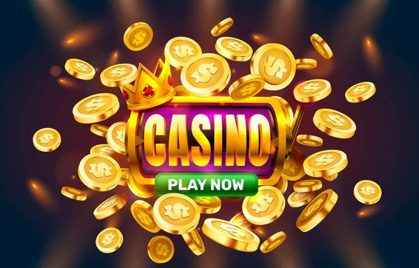 Speel nu casino slots gouden munten, casino slot sign machine, nacht jackpot Vegas. Vector — Stockvector