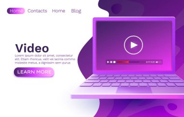 Laptop video filmi, çevrimiçi oyuncu uygulaması, web sitesi. Vektör