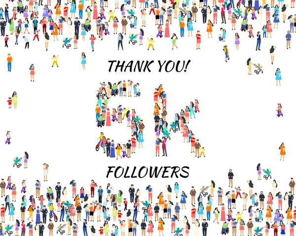 Dank u volgelingen volkeren, 5k online sociale groep, gelukkige banner vieren, Vector — Stockvector
