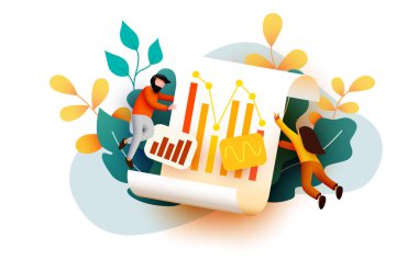 Küçük 3D uçan ve diyagram verilerini analiz eden. İş denetimi kavramı.