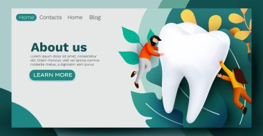 People flying around big tooth. Dental clinic. Teeth care. Web page, banner, presentation. Online survey with characters. clipart
