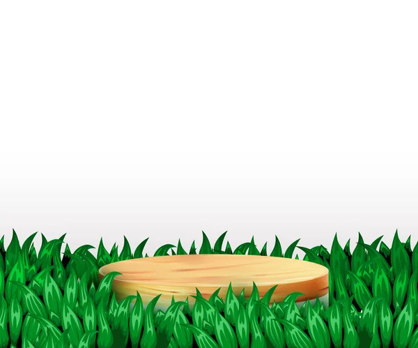 Abstrakter Szenenhintergrund. Zylinder-Holzpodest auf weißem Hintergrund mit Gras. Produktpräsentation, Mock Up, Show Kosmetikprodukt, Podium, Bühnenpodest oder Plattform. — Stockvektor