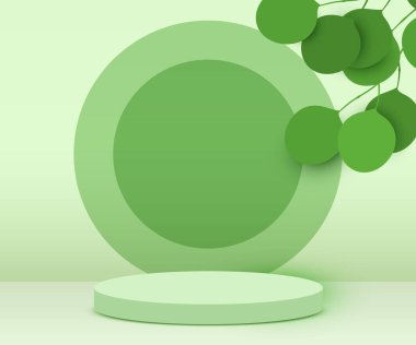 Soyut sahne arkaplanı. Silindir podyum parlak arka planda yapraklarla. Ürün sunumu, modelleme, kozmetik ürünü, podyum, sahne kaidesi veya platformu göster.