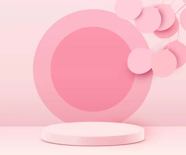 Cenário abstrato. Cilindro pódio sobre fundo rosa com folhas. Apresentação do produto, simular, mostrar o produto cosmético, pódio, pedestal do estágio ou plataforma. —  Vetores de Stock