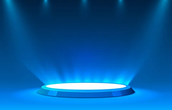 Palco pódio com iluminação, Palco cena pódio com para cerimônia de premiação em fundo azul. — Vetor de Stock