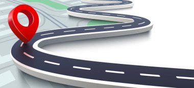 3D konum simgesi sembollü yol haritası ya da gps seyahat rota işaretleyicileri ve ulaşım yeri işaretleyicisi. Vektör illüstrasyonu