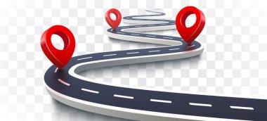 3D konum simgesi simgesi ya da GPS seyahat rota işaretleri ve ulaşım yeri işaretleyicisi olan yol. Şeffaf arka plan. Vektör illüstrasyonu