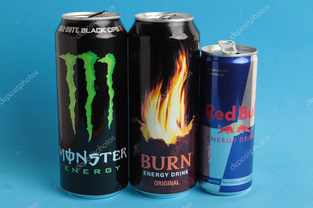Saragossa Spain. September 18, 2018, cans of energetic drink of monster brands, red bull and burn