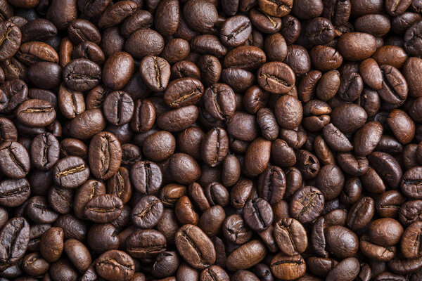 Close-up view from above of freshly roasted coffee beans