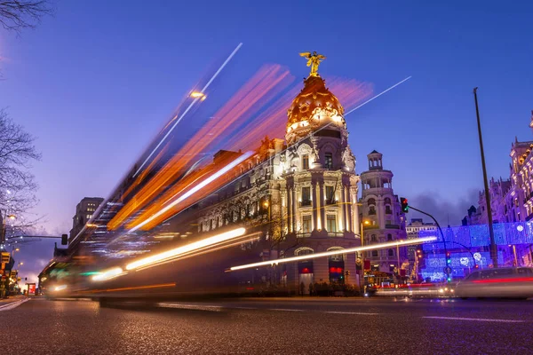 Španělská Města Madrid Večer Jasných Světel Auta Hnutí Dlouhé Expozice — Stock fotografie