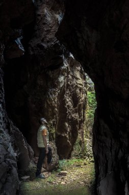 Ayakta ve kafes giriş Cerro del Hierro, Seviile doğada seyir yetişkin turist adam yan görünüm