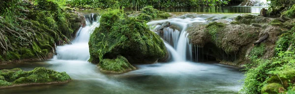 长时间暴露在绿色森林小池塘中的小瀑布全景 — 图库照片