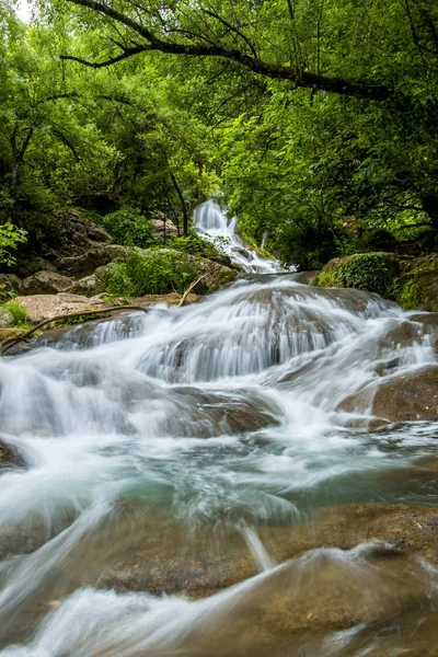 长时间暴露在绿色森林苔藓岩石上的大瀑布流 — 图库照片