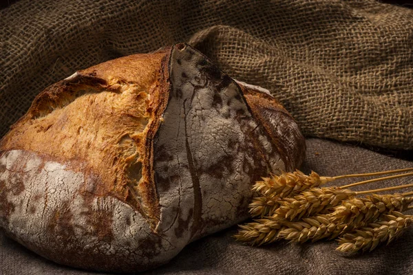 Большой Коричневый Хлеб Холсте Пшеницей Тёмном Фоне — стоковое фото