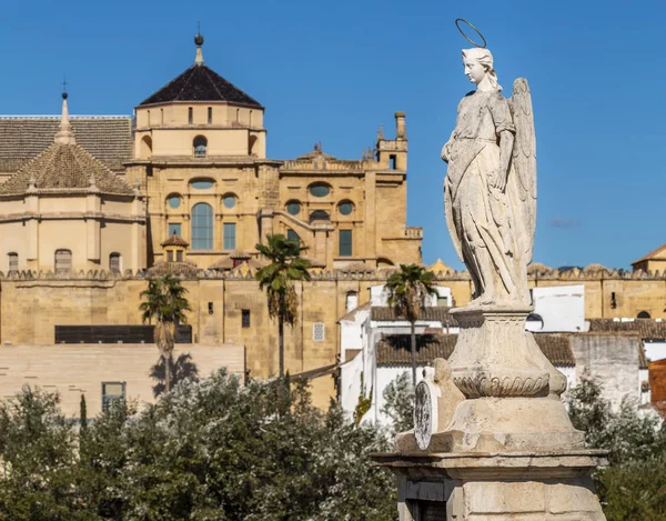 西班牙科尔多瓦蓝天下城市古建筑背景的石雕 — 图库照片