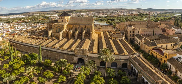 Panoramatický Letecký Pohled Maurské Mešity Katedrála Mezquita Tropické Zahrady Zvonice — Stock fotografie