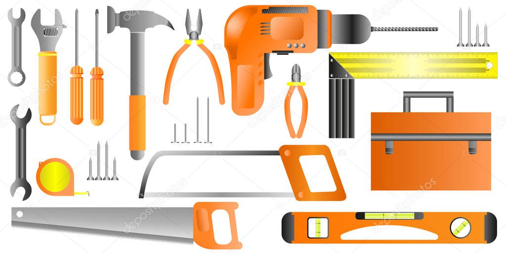 Stock vector illustration set isolated icons building tools repair, construction buildings, drill, hammer, screwdriver, saw, file, ruler, pliers, screws, nails, meter, hacksaw, level, spanner, tool box, kit flat style - Vector