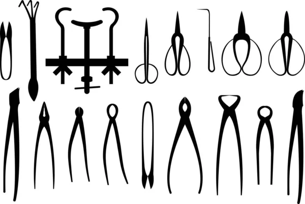 Illustration Vectorielle Silhouettes Noires Outils Jardinage Assortis Pour Façonnage Bonsaï — Image vectorielle