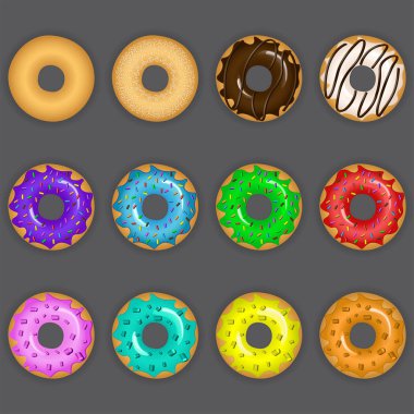 Gri arka planda çeşitli topingler ve tatlar ile renkli lezzetli çörekvektör illüstrasyon