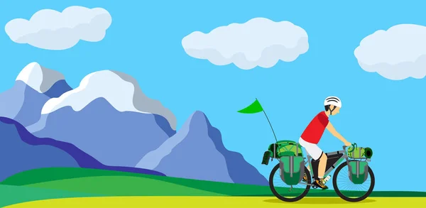 山の風景の上で自転車を詰め自転車に乗っている男。ベクトル病 — ストックベクタ