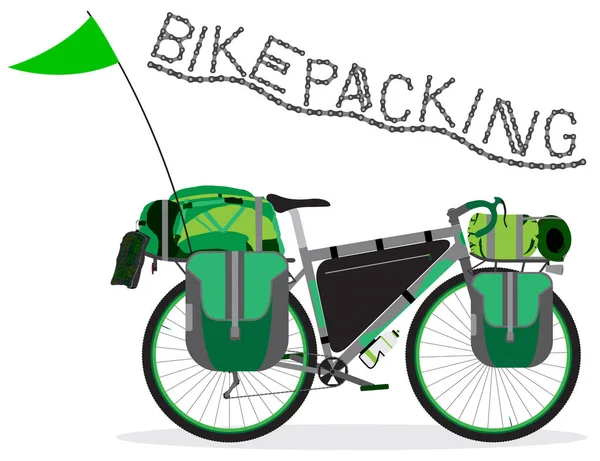 Bikepacking bicicleta de turismo com sacos de acampamento. Vector illustrati — Vetor de Stock