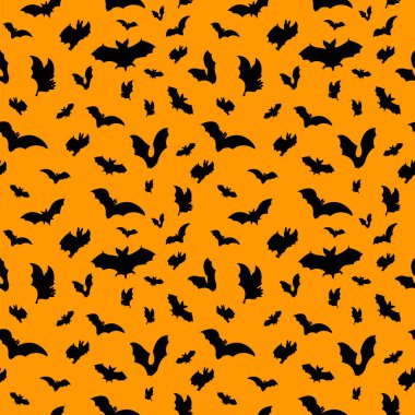 Turuncu arka planda siyah simge yarasalar deseni. Vektör çizimi