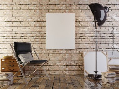 Poster vintage yenilikçi çatı iç arka plan ile alay. Sarı, kahverengi ve kırmızı tonlarda. 3D render