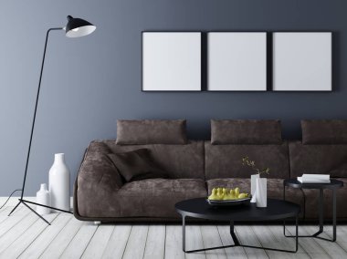 Modern iç duvarda mockup posteri ile. Kahverengi deri koltuk duvarda üç afiş ile. 3D render.