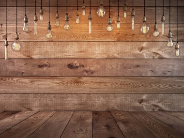 Ampul tablo ve ahşap arka plan, mockup poster üzerinde asılı. Arka plan ağaç plakalar. 3D render.