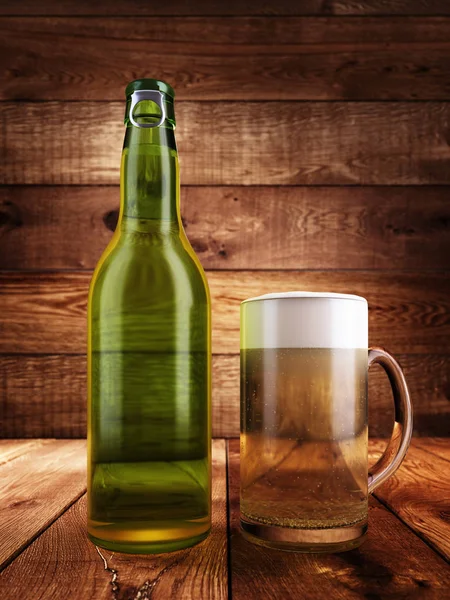 A bottle of beer, a glass full of beer with foam. Background and the surface of wooden boards with illumination. 3D render.